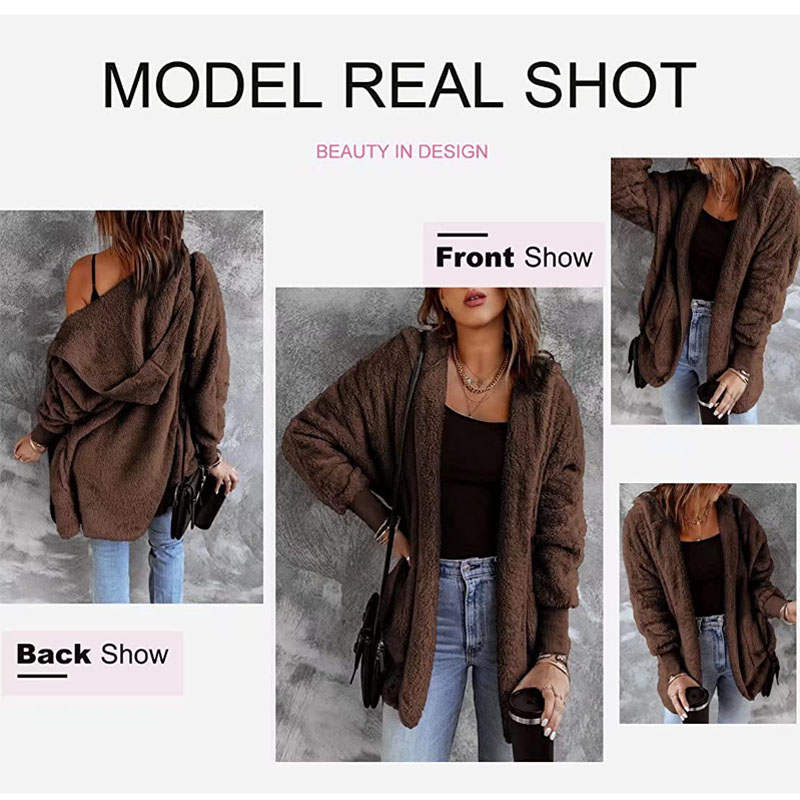 Beakey Womens Long Sleeve Fuzzy Fleece Jacket Hooded Cardigan Coat with Pockets-Coffee