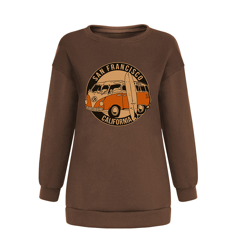 Beakey Vintage Sweatshirt for Women Bus Graphic Crewneck Fleece Pullover-Coffee