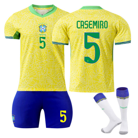 Beakey CASEMIRO #5 Brazilian Home Jersey Soccer Jersey Kit Football T-shirt Set for Adult Kids