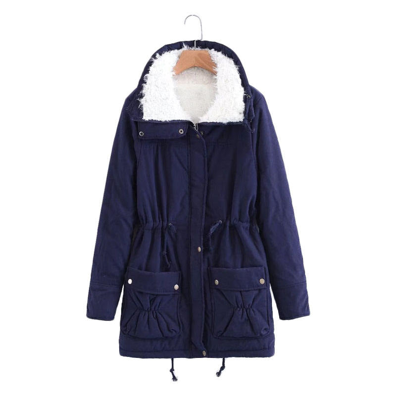 Beakey Women's Mid Length Winter Coat Thickened Warm Lamb Wool Lined Jacket-Navy Blue