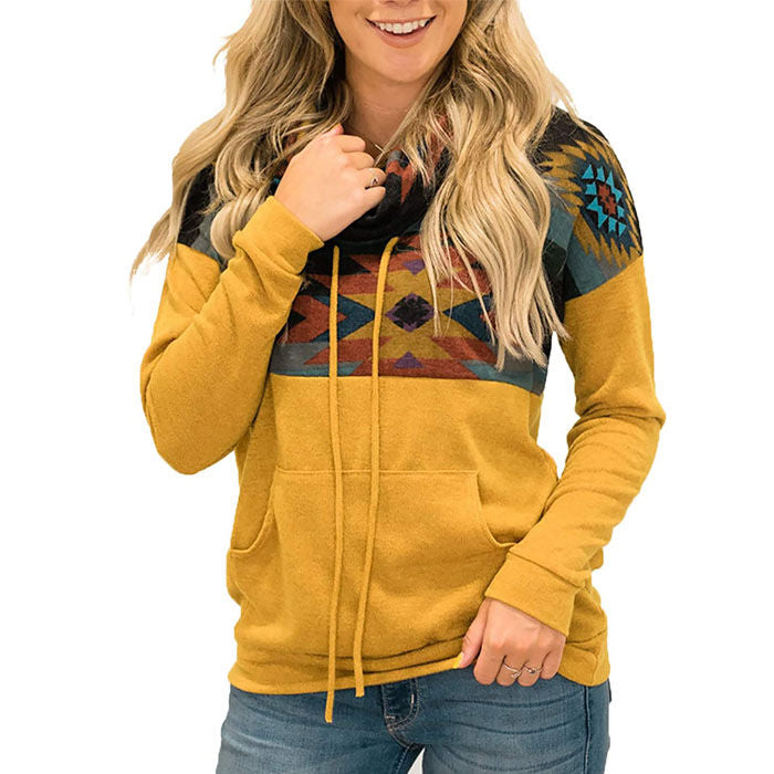 Beakey Women Turtleneck Color Block Pullover Sweatshirt Tops With Pockets-Yellow-HY201028