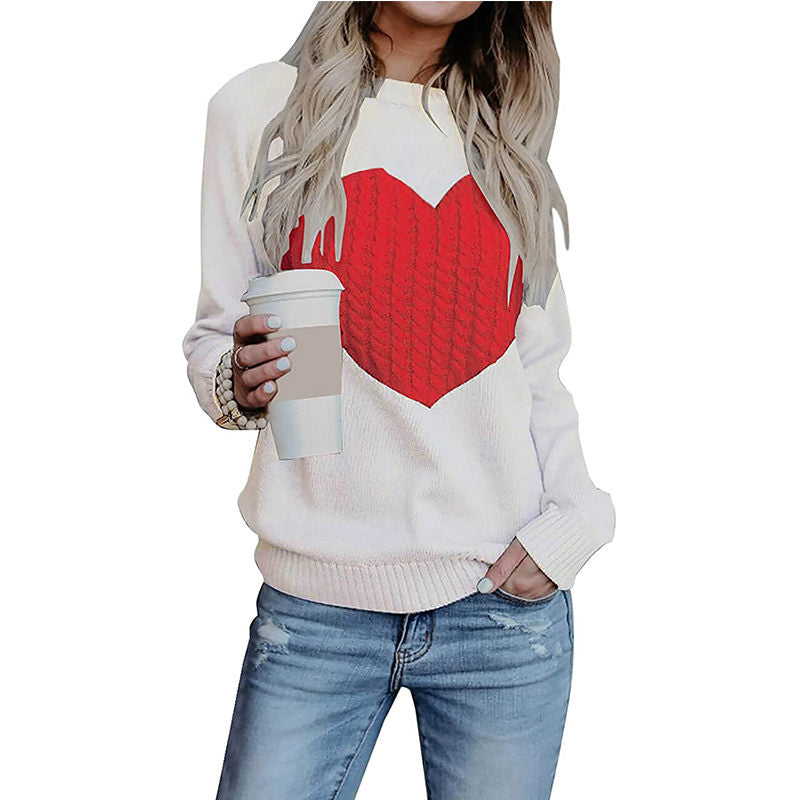 Beakey Women's Long Sleeve Pullover Sweater CrewNeck Cute Heart Knit Sweater-White Red