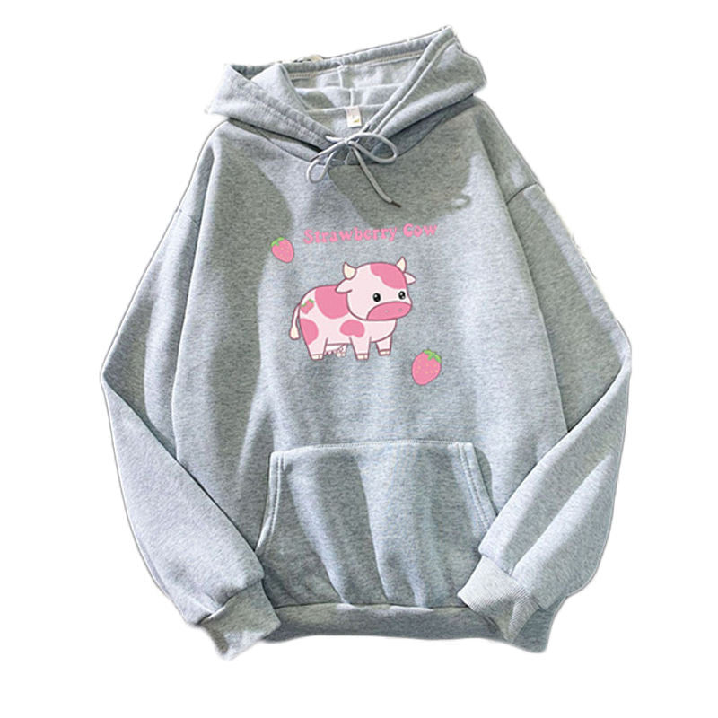 Beakey Casual Hoodie Strawberry Cow Print with Pockets for Women Men-Grey