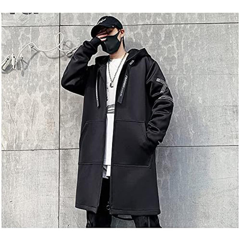 Beakey Hooded Windbreaker for Men Print Harajuku Zipper Long Jacket-Black