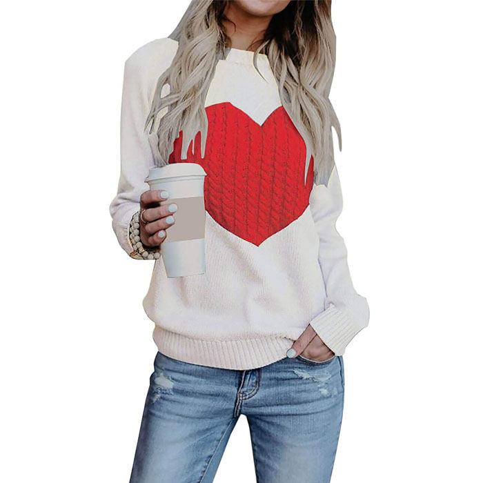 Beakey Women Cute Sweaters Heart Crewneck Long Sleeve Knitted Pullover Sweater-White-118004