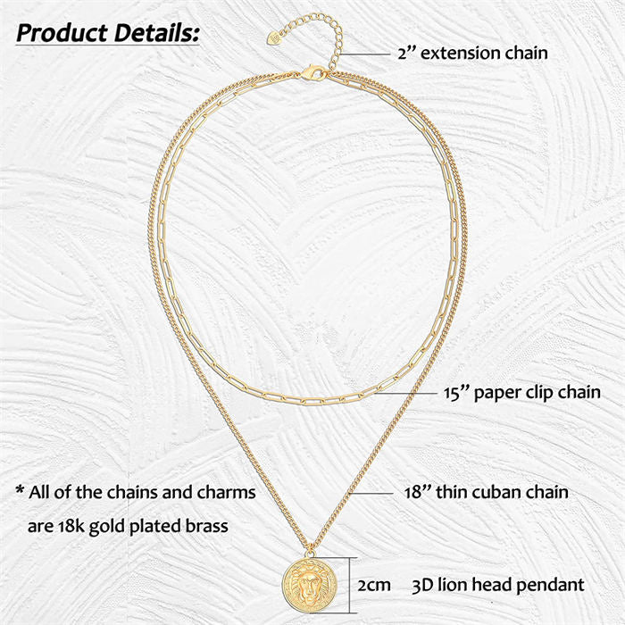 Beakey Simple Cute Long Pendant Necklace Oval Link Choker Double Layer Jewery-Lion-GL-0092A
