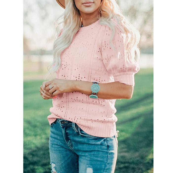 Beakey Womens Lightweight Puff Short Sleeve Sweaters Tops Crew Neck Dot Pullover Shirt-Pink