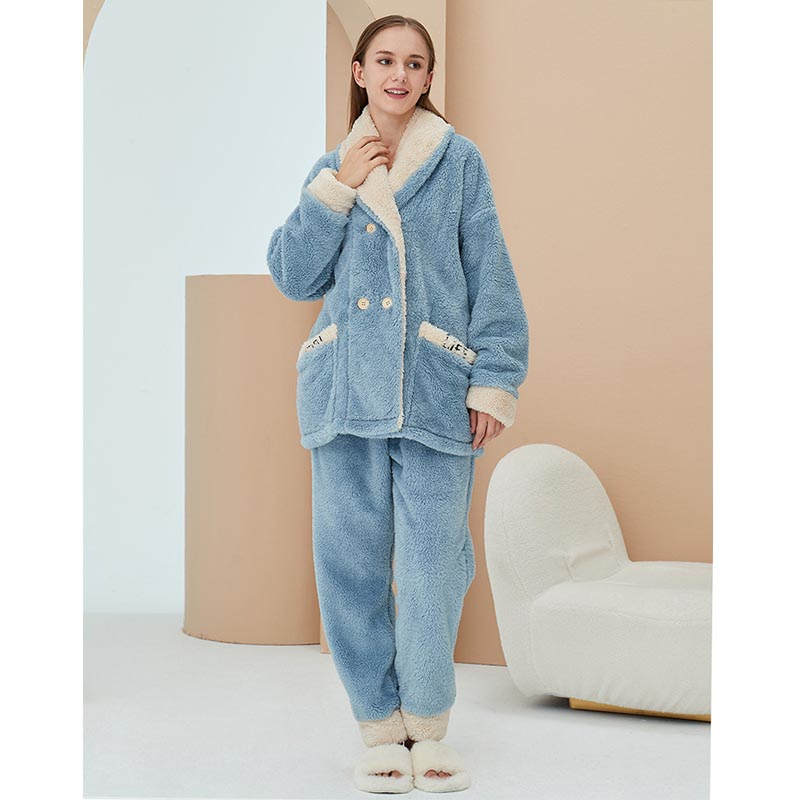 Beakey Womens Plush Pajamas Cardigan Set Loungewear-Haze Blue
