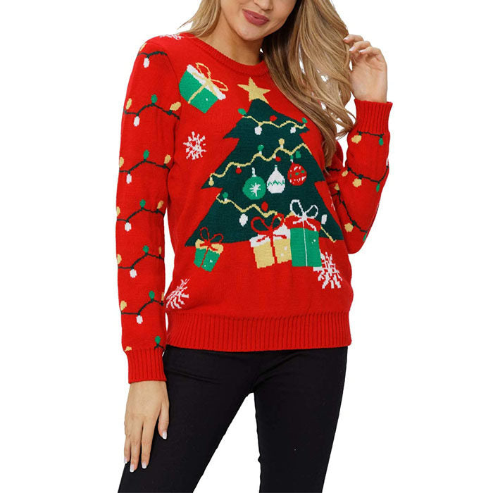 Beakey Women's Christmas Sweater Pullover Snowflake Long Sleeve Shirt-Tree Red-KLK2122