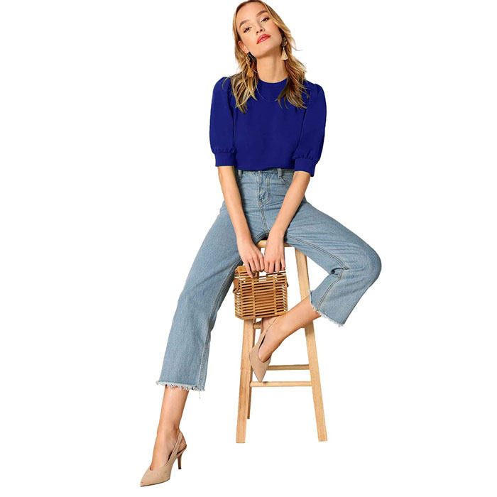Beakey Women's Unique Puff Sleeve Casual Solid Top Pullover Keyhole Back Blouse-Blue-8821
