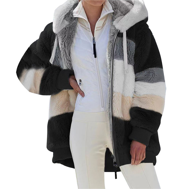 Beakey Womens Warm Coats Fuzzy Sherpa Hooded Jacket with Pockets-Black