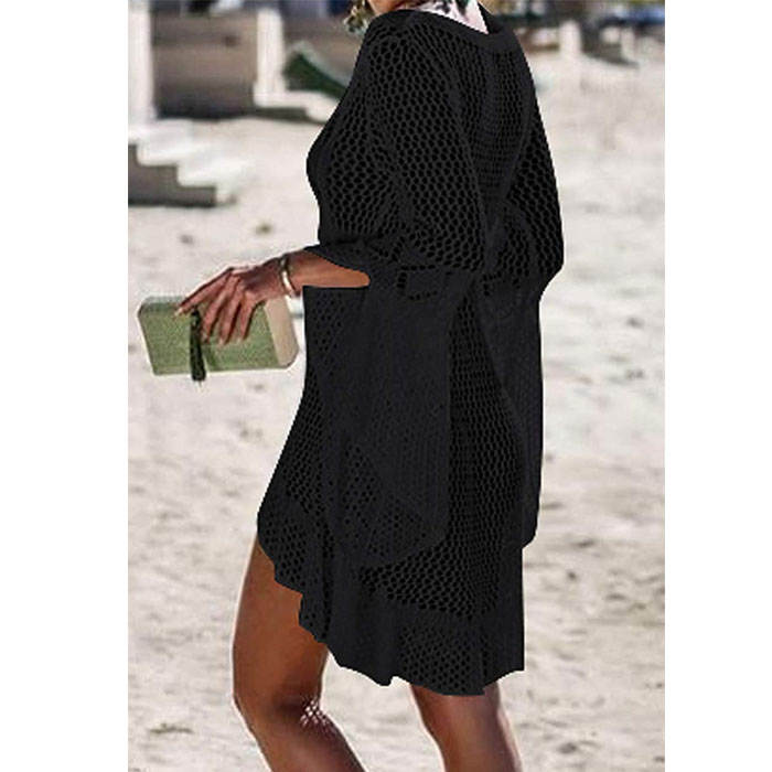 Beakey Women Beach Swimsuit for Women Flared Sleeves Coverups Bikini Loose Cover Up Net-Black