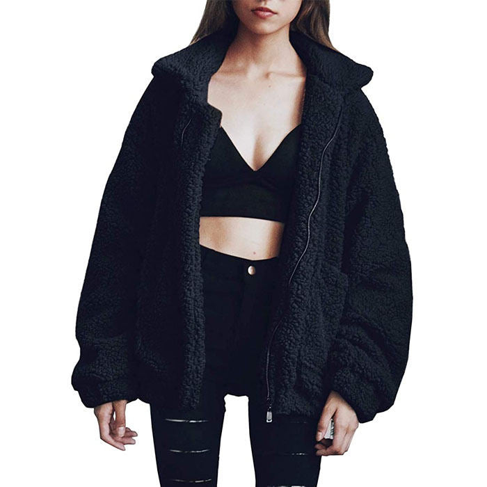 Beakey Women's Lapel Zip Up Coat Faux Shearling Shaggy Oversized  Jacket Warm Winter-Black-T0647