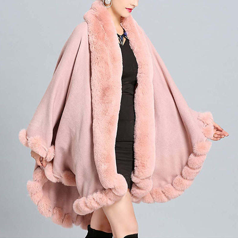 Beakey Womens Faux Fox Fur Trim Cardigan Shawl Oversized Cape-Light Pink