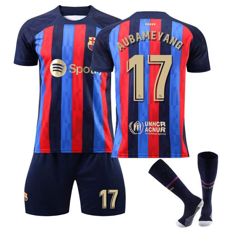 Beakey FC Barcelona Home Jersey 2022-23 AUBAMEYANG #17 Soccer Jersey Kids Adult 3-Pieces Jersey Kits
