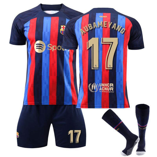 Beakey FC Barcelona Home Jersey 2022-23 AUBAMEYANG #17 Soccer Jersey Kids Adult 3-Pieces Jersey Kits