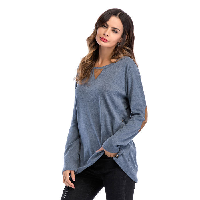 Beakey Women's Long Sleeve Double-breasted Buttons Casual Blouse Tunic Shirt Tops-Denim Blue-1025