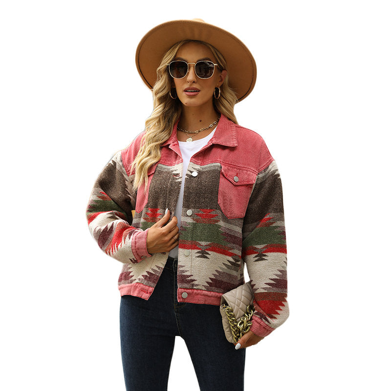 Beakey Denim Jacket for Women Aztec Print Contrast Color Cropped Coat-Red