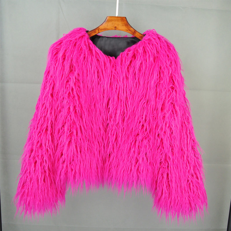 Beakey Womens Shaggy Faux Fur Outwear Short Thermal Coat-Rose Red