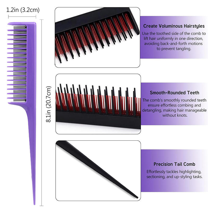 Beakey Triple Teasing Comb with Rat Tail Handle Adds Volume To Fine Hair-Purple