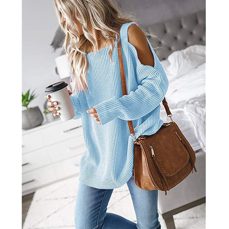 Beakey Womens Off Shoulder Oversized Sweater Fashion Knit Tunic Tops-Sky Blue