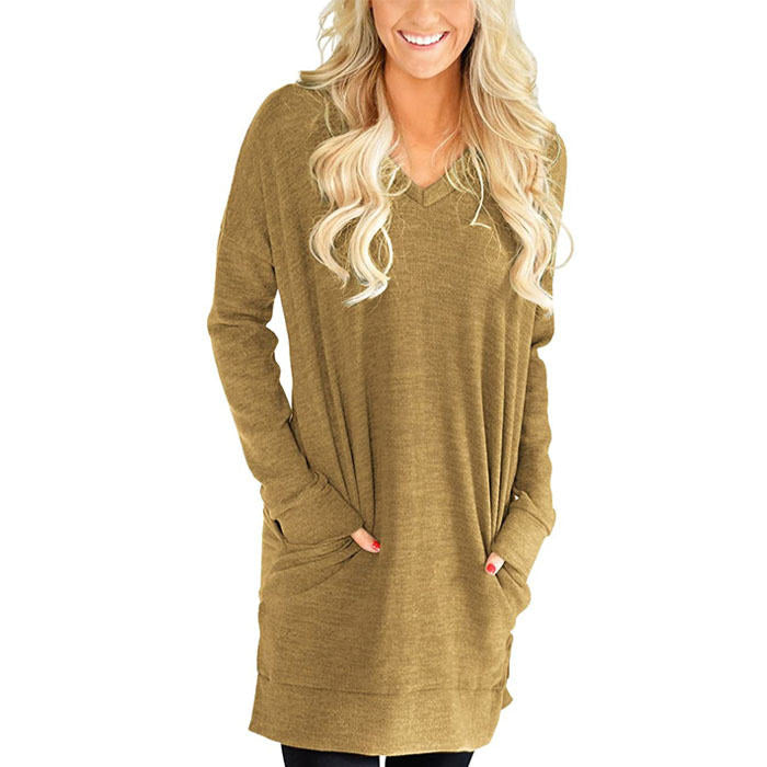 Beakey Womens Casual V Neck Long Sleeves Pocket Solid Color Sweatshirt Split Tops-Khaki-W0083