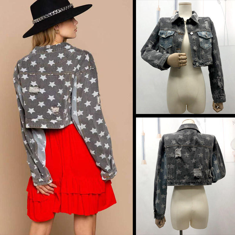 Beakey Star Print Denim Jacket for Women Frayed Raw Crop Coat for Autumn