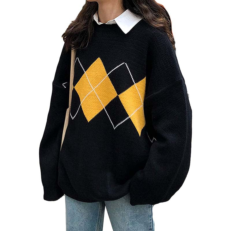 Beakey Women Plaid Sweater Preppy Style Vintage Pullover-Black