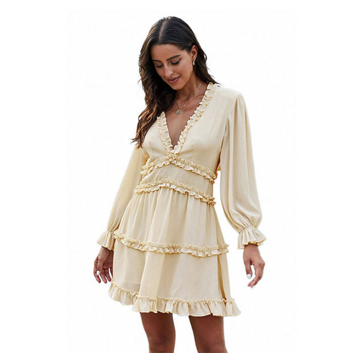 Beakey Womens Spring Summer Deep V Neck Ruffle Long Sleeve Mini Dress-Beige-221766
