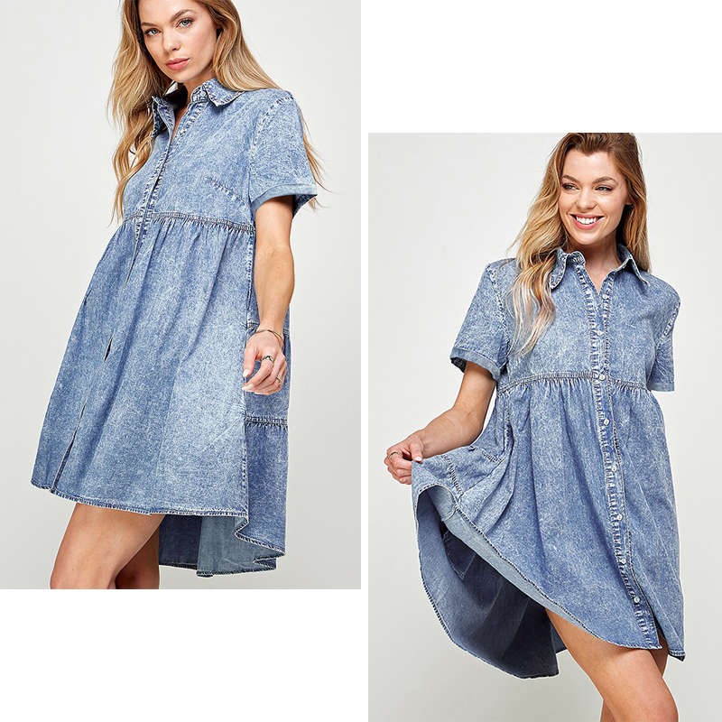 Beakey Womens Casual Denim Dress Short Sleeve Button Down Tiered Babydoll