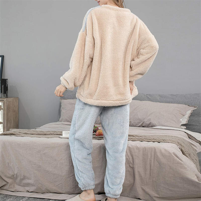 Beakey Womens Thickened Coral Fleece Pajamas Set with Scarf-Blue