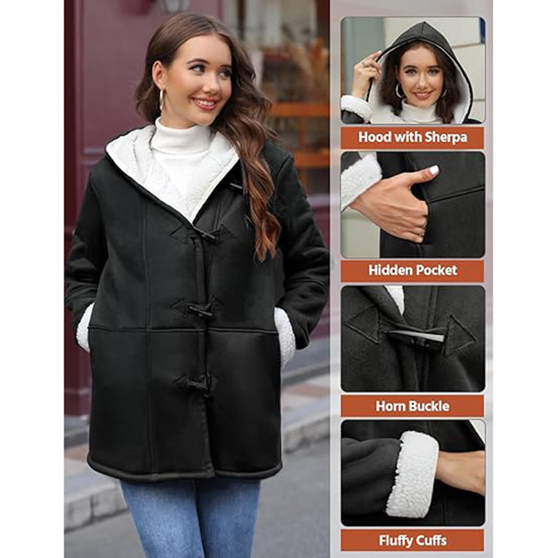 Beakey Fleece Jackets for Women Horn Button Winter Hooded Outwear-Purple