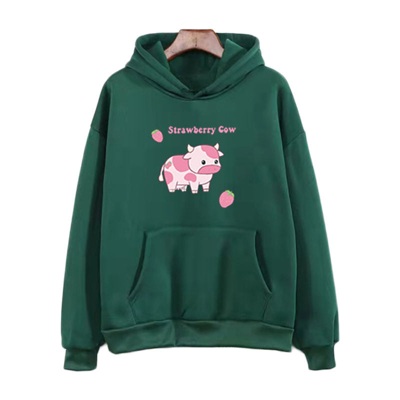 Beakey Casual Hoodie Strawberry Cow Print with Pockets for Women Men-Dark Green