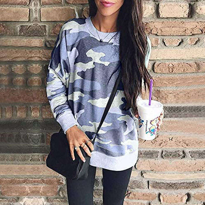 Beakey Womens Sweatshirts Camo Print Crew Neck Long Sleeve Casual TopsBlue-202024