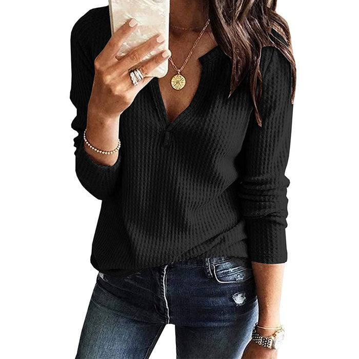 Beakey Womens V Neck Shirts Long Sleeve Waffle Knit Loose Fitting Warm Pullover Sweaters-Black-5888