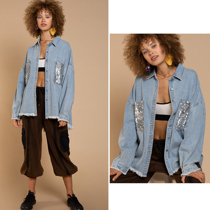Beakey Sequins Denim Jacket for Women Oversized Distressed Jean Outwear-Blue