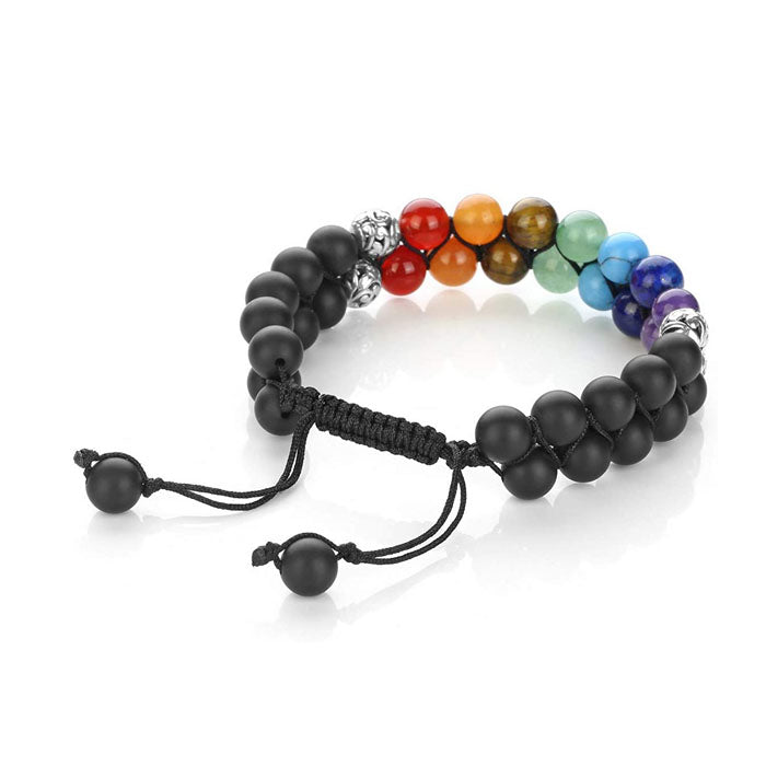 Beakey Bead Bracelet 7 Chakras Healing Crystals Bracelet Stone Beads Double Layer Bracelets-Matte Black Agate Bracelet