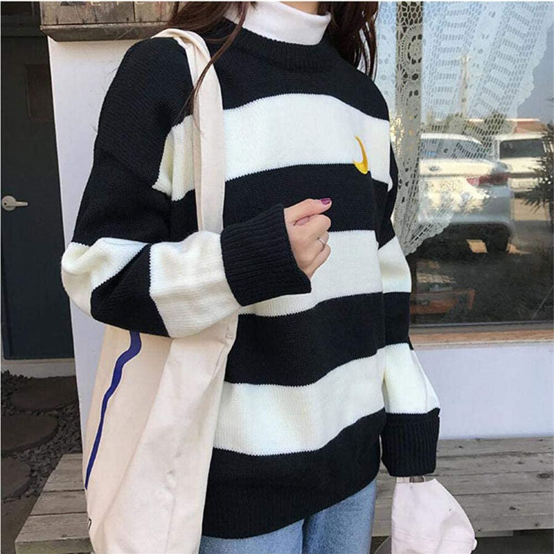 Beakey Womens Kawaii College Style Sweater Contrast Striped Moon Pullover-Black