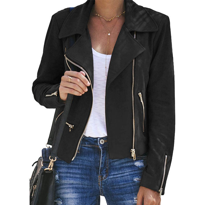 Beakey Women's Multiple Zippers Notch Collar Moto Jacket Casual Short Coat-Black-YC0271