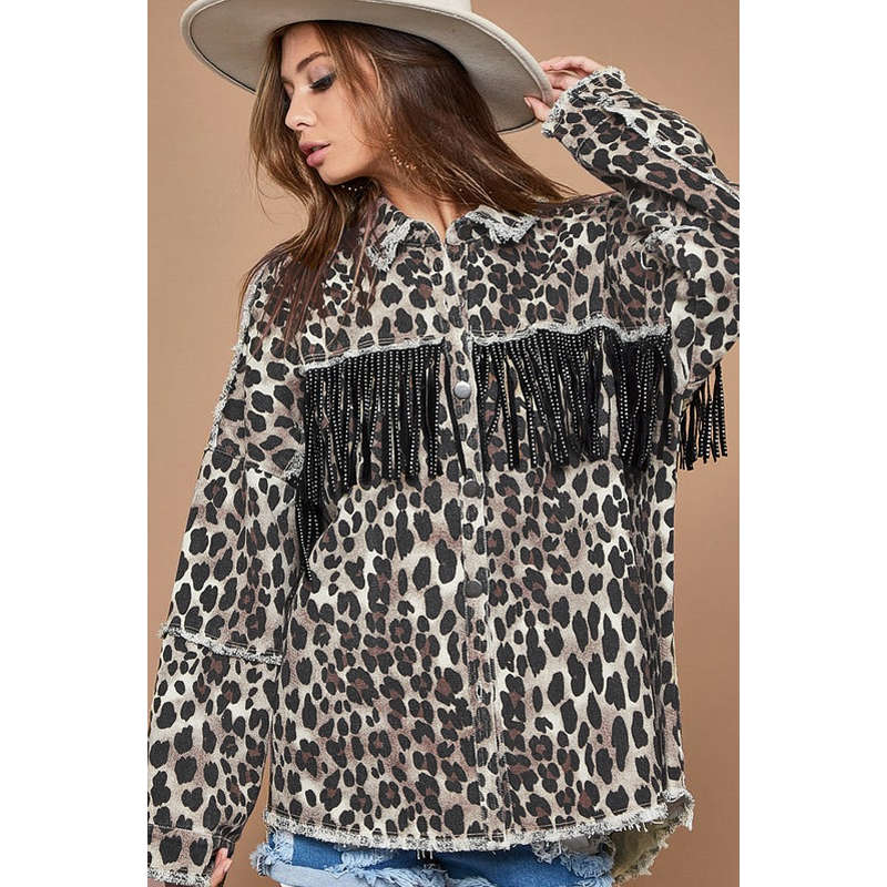 Beakey Womens Leopard Print Jacket Button Down Fringe Vintage Denim Coat