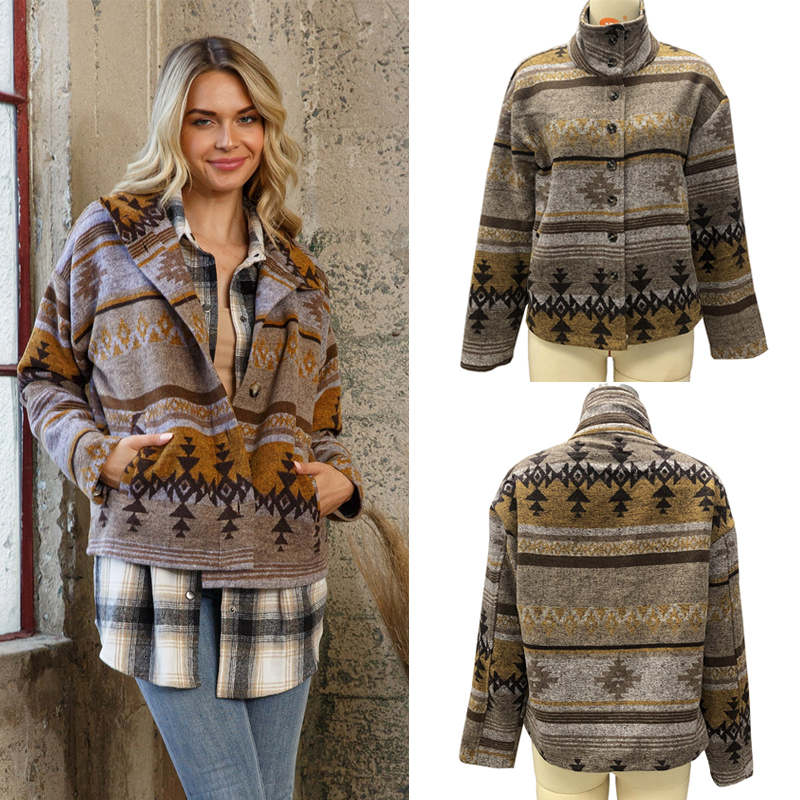 Beakey Womens Aztec Shacket Jacket Boho Wool Blend Coat with Pockets-Yellow