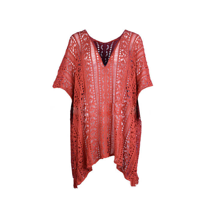 Beakey Women's Swimsuit Beach Bikini Loose Blouse Knitted Blouse Stylish Beach Cover up-Rust Red