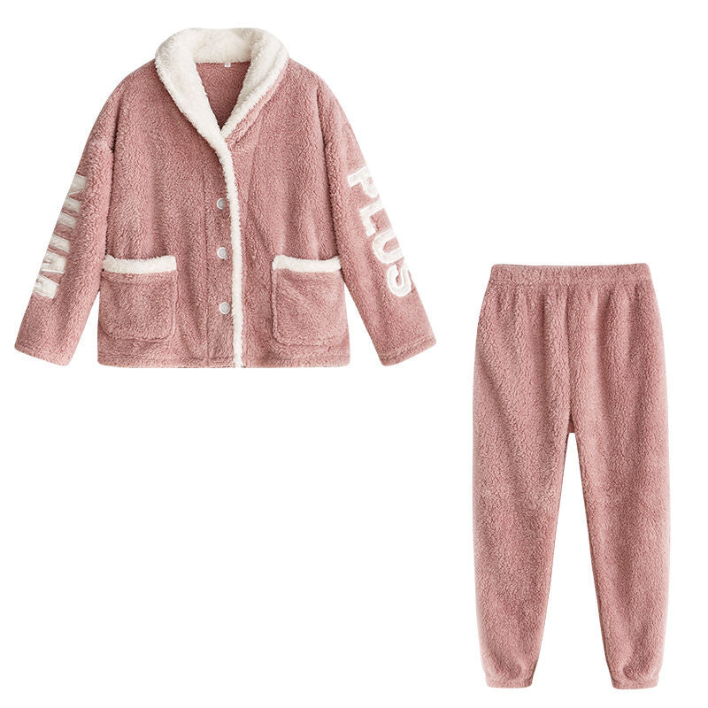 Beakey Womens Winter Fleece Pajamas Set Warm Loungewear-Pink