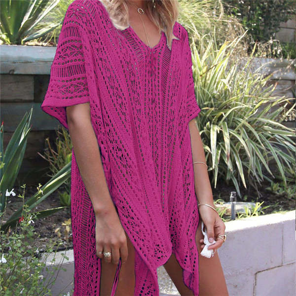 Beakey Women's Swimsuit Beach Bikini Loose Blouse Knitted Blouse Stylish Beach Cover up-Rose