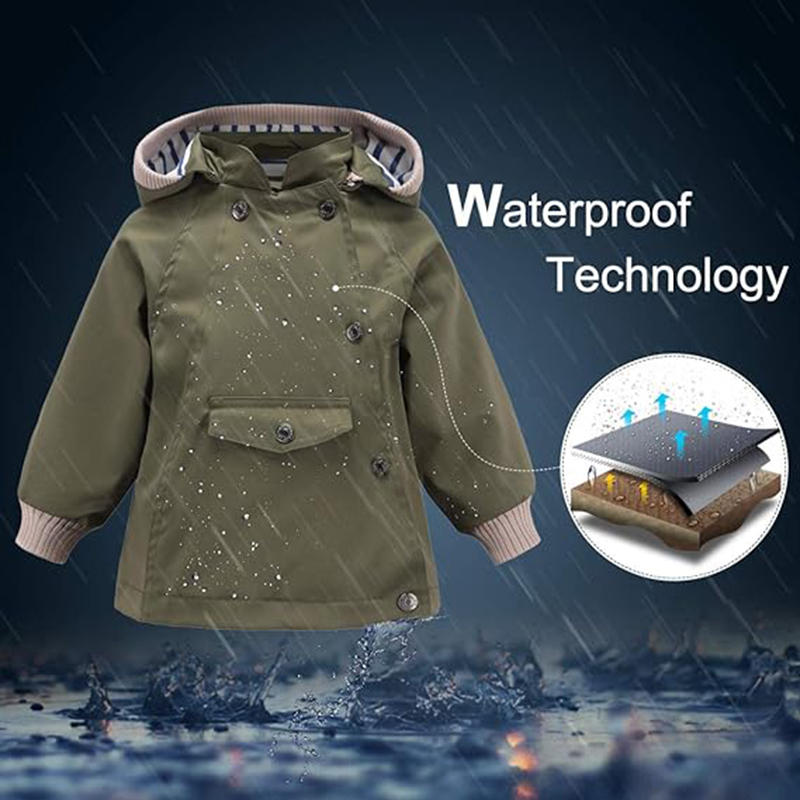 Beakey Kids Rain Jacket with Removable Hood Windproof for Spring Fall-Army Green