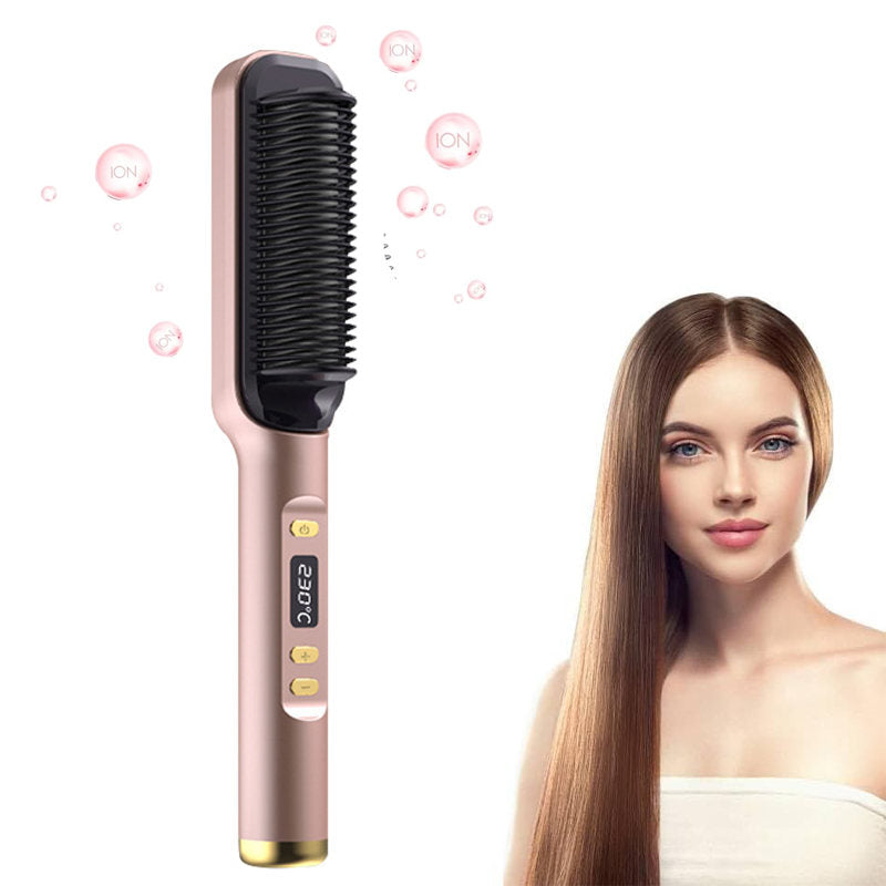 Beakey Hair Straightener Brush with LED Display Anti-Scald PTC Heating-Champagne