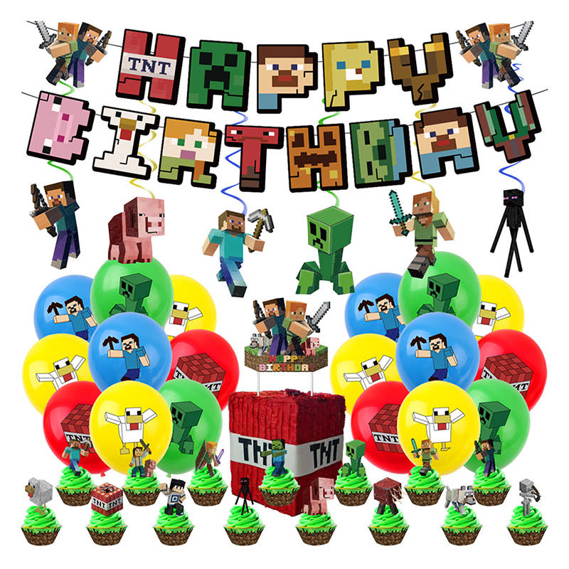 Beakey 43 Pcs Pixel Birthday Party Supplies Banner Balloons Cupcake Toppers