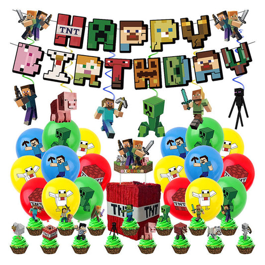 Beakey 43 Pcs Pixel Birthday Party Supplies Banner Balloons Cupcake Toppers