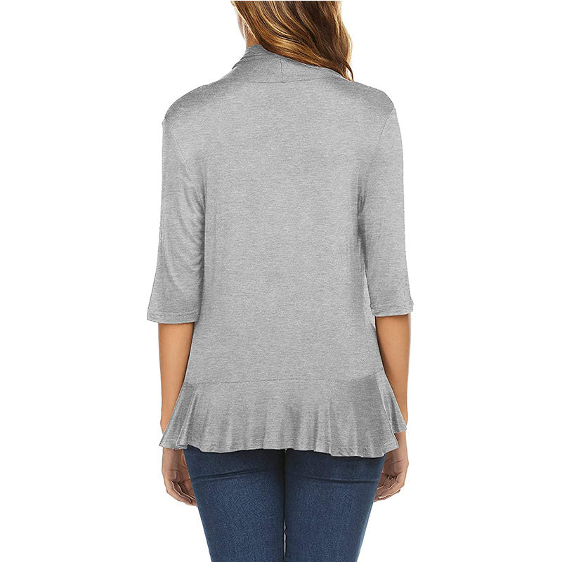 Beakey Women's Open Front Cardigan 3/4 Sleeve Draped Ruffles Soft Knit Sweaters-Light Gray-8012