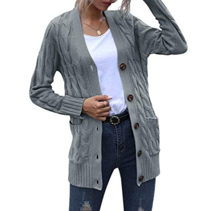 Beakey Women's Winter Keep Warm Long Sleeve Knit Sweater Cardigan Button Loose Outerwear-Gray-YL220187